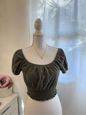 Hollister Olive Eyelet Smocked Crop Top